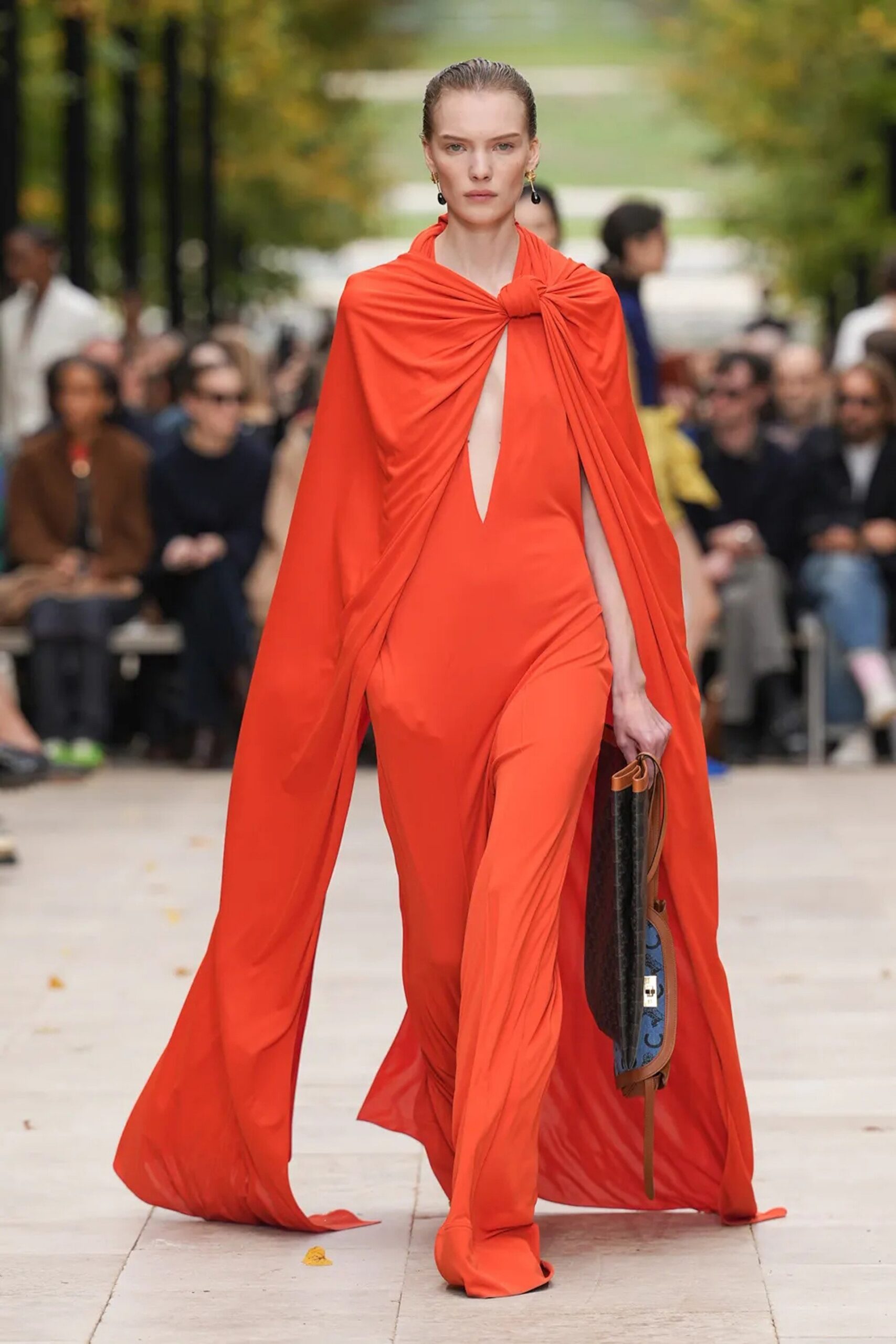 orange dress runway S/S 2004 Gucci by Tom Ford Runway Ad Bright Orange Raw Silk Ribbon Dress